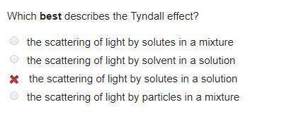 Which best describes the tyndall effect?  the scattering of light by solutes in a mixture the scatte