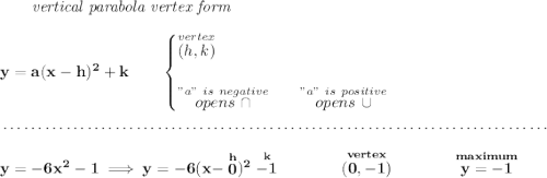 \bf ~~~~~~\textit{vertical parabola vertex form} \\\\ y=a(x- h)^2+ k\qquad \begin{cases} \stackrel{vertex}{(h,k)}\\\\ \stackrel{"a"~is~negative}{op ens~\cap}\qquad \stackrel{"a"~is~positive}{op ens~\cup} \end{cases} \\\\[-0.35em] ~\dotfill\\\\ y = -6x^2-1\implies y = -6(x-\stackrel{h}{0})^2\stackrel{k}{-1}\qquad \qquad \stackrel{vertex}{(0,-1)}\qquad \qquad \stackrel{maximum}{y = -1}