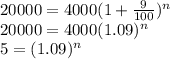20000=4000(1+\frac{9}{100})^{n}\\20000=4000(1.09)^{n}\\5=(1.09)^{n}
