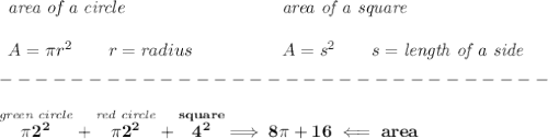 \bf \begin{array}{llll}&#10;\textit{area of a circle}\\\\&#10;A=\pi r^2\qquad r=radius&#10;\end{array}\qquad \qquad &#10;\begin{array}{llll}&#10;\textit{area  of a square}\\\\&#10;A=s^2\qquad s=\textit{length of a side}&#10;\end{array}\\\\&#10;-------------------------------\\\\&#10;\stackrel{\textit{green circle}}{\pi 2^2}+\stackrel{\textit{red circle}}{\pi 2^2}+\stackrel{square}{4^2}\implies 8\pi +16\impliedby area