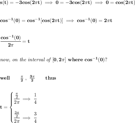 \bf s(t)=-3cos(2\pi t)\implies 0=-3cos(2\pi t)\implies 0=cos(2\pi t)&#10;\\\\\\&#10;cos^{-1}(0)=cos^{-1}[cos(2\pi t)]\implies  cos^{-1}(0)=2\pi t&#10;\\\\\\&#10;\cfrac{cos^{-1}(0)}{2\pi }=t&#10;\\\\\\&#10;\textit{now, on the interval of }[0,2\pi ]\ where\ cos^{-1}(0)?&#10;\\\\\\&#10;well\qquad \frac{\pi }{2}\ ,\ \frac{3\pi }{2}\qquad thus&#10;\\\\\\&#10;t=&#10;\begin{cases}&#10;\cfrac{\frac{\pi }{2}}{2\pi }\implies \cfrac{1}{4}\\\\&#10;\cfrac{\frac{3\pi }{2}}{2\pi }\implies \cfrac{3}{4}&#10;\end{cases}