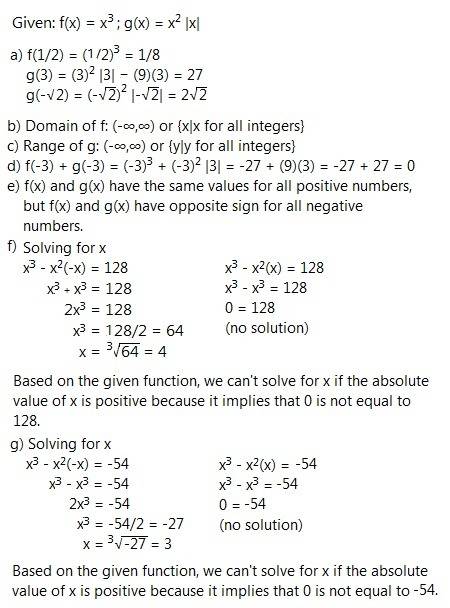 Let f and g be functions given by f(x)=x^3 and g(x)=x^2 lxl a)find f(1/2), g(3), and g(negative squa