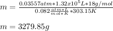m=\frac{0.03557atm*1.32x10^5L*18g/mol}{0.082\frac{atm*L}{mol*K}*303.15K } \\\\m=3279.85g