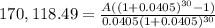 170,118.49=\frac{A((1+0.0405)^{30}-1) }{0.0405(1+0.0405)^{30} }