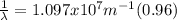 \frac{1}{\lambda} = 1.097x10^{7}m^{-1}(0.96)