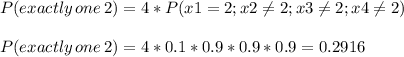 P(exactly \,one\,2)=4*P(x1=2;x2\neq2;x3\neq2;x4\neq2)\\\\P(exactly \,one\,2)=4*0.1*0.9*0.9*0.9=0.2916
