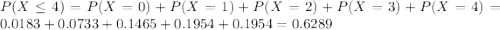 P(X \leq 4) = P(X = 0) + P(X = 1) + P(X = 2) + P(X = 3) + P(X = 4) = 0.0183 + 0.0733 + 0.1465 + 0.1954 + 0.1954 = 0.6289