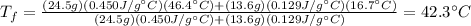 T_f=\frac{(24.5g)(0.450J/g^{\circ}C)(46.4^{\circ}C)+(13.6g)(0.129J/g^{\circ}C)(16.7^{\circ}C)}{(24.5g)(0.450J/g^{\circ}C)+(13.6g)(0.129J/g^{\circ}C)}=42.3^{\circ}C