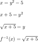 x = y^2 -5\\\\x+5=y^2\\\\\sqrt{x+5}=y\\\\f^{-1}(x)=\sqrt{x+5}