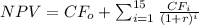 NPV = CF_o + \sum_{i =1}^{15} \frac{CF_i}{(1+r)^i}