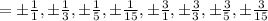 =\pm \frac{1}{1},\pm \frac{1}{3}, \pm \frac{1}{5}, \pm \frac{1}{15}, \pm \frac{3}{1}, \pm \frac{3}{3}, \pm \frac{3}{5}, \pm \frac{3}{15}
