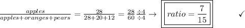 \frac{apples}{apples+oranges+pears} =  \frac{28}{28+20+12} =  \frac{28}{60} \frac{\div4}{\div4} \to\:\boxed{\boxed{ratio = \frac{7}{15}}}\end{array}}\qquad\quad\checkmark