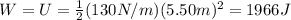 W=U=\frac{1}{2}(130 N/m)(5.50 m)^2=1966 J
