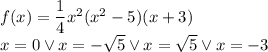 f(x)=\dfrac{1}{4}x^2(x^2-5)(x+3)\\&#10;x=0 \vee x=-\sqrt5 \vee x=\sqrt5 \vee x=-3