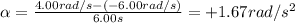 \alpha = \frac{4.00 rad/s - (-6.00 rad/s)}{6.00 s}=+1.67 rad/s^2