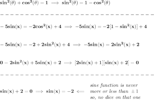 \bf sin^2(\theta)+cos^2(\theta)=1\implies sin^2(\theta)=1-cos^2(\theta)\\\\&#10;-------------------------------\\\\&#10;-5sin(x)=-2cos^2(x)+4\implies -5sin(x)=-2[1-sin^2(x)]+4&#10;\\\\\\&#10;-5sin(x)=-2+2sin^2(x)+4\implies -5sin(x)=2sin^2(x)+2&#10;\\\\\\&#10;0=2sin^2(x)+5sin(x)+2\implies [2sin(x)+1][sin(x)+2]=0\\\\&#10;-------------------------------\\\\&#10;sin(x)+2=0\implies sin(x)=-2\impliedby &#10;\begin{array}{llll}&#10;\textit{sine function is never}\\&#10;\textit{more or less than }\pm 1\\&#10;\textit{so, no dice on that one}&#10;\end{array}