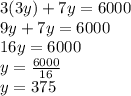 3 (3y) + 7y = 6000\\9y + 7y = 6000\\16y = 6000\\y = \frac {6000} {16}\\y = 375