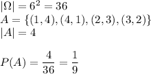 |\Omega|=6^2=36\\&#10;A=\{(1,4),(4,1),(2,3),(3,2)\}\\&#10;|A|=4\\\\&#10;P(A)=\dfrac{4}{36}=\dfrac{1}{9}