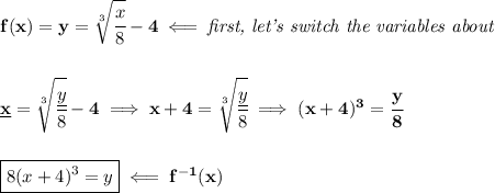 \bf f(x)=y=\sqrt[3]{\cfrac{x}{8}}-4\impliedby \textit{first, let's switch the variables about}&#10;\\\\\\&#10;\underline{x}=\sqrt[3]{\cfrac{\underline{y}}{8}}-4\implies x+4=\sqrt[3]{\cfrac{\underline{y}}{8}}\implies (x+4)^3=\cfrac{y}{8}&#10;\\\\\\&#10;\boxed{8(x+4)^3=y}\impliedby f^{-1}(x)