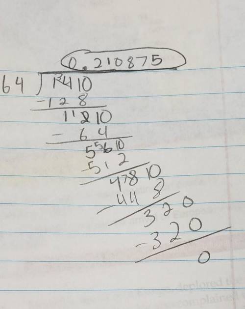 Use long division to convert − 14/64 to a decimal.