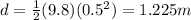 d = \frac{1}{2}(9.8)(0.5^2) = 1.225 m