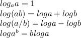 log_aa=1\\log(ab)=loga+logb\\log(a/b)=loga-logb\\loga^b=bloga