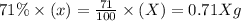 71\% \times (x)=\frac{71}{100}\times (X)=0.71Xg