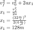 v_f^2=v_0^2+2ax_1\\x_1=\frac{v_f^2}{2a}\\x_1=\frac{(32\frac{m}{s})^2}{2(4\frac{m}{s^2})}\\x_1=128m