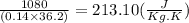 \frac {1080}{(0.14 \times 36.2)} = 213.10 (\frac {J}{Kg.K})
