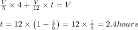 \frac{V}{5}\times 4+\frac{V}{12}\times t=V\\\\t=12\times \left ( 1-\frac{4}{5}\right )=12\times \frac{1}{5}=2.4hours