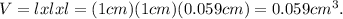 V= lxlxl= (1cm)(1cm)(0.059 cm)= 0.059 cm^3.