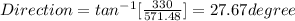Direction = tan^{-1}[ \frac{330}{571.48}] = 27.67 degree