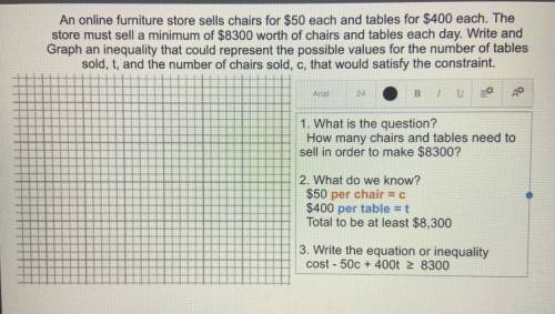 An online furniture store sells chairs for $50 each and tables for $400 each. the store must sell a