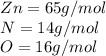 Zn= 65 g/mol\\N= 14 g/mol\\O= 16 g/mol