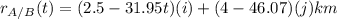 r_{A/B}(t)=(2.5-31.95t)(i)+(4-46.07)(j)km
