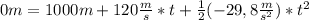 0m = 1000m + 120 \frac{m}{s} * t +\frac{1}{2} (-29,8 \frac{m}{s^{2} })*t^{2}