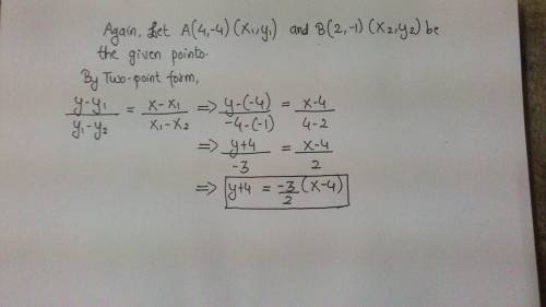 Determine the equation of the line in point slope form that runs through points (4,-4) and (2,-1)