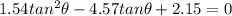 1.54 tan^2\theta - 4.57 tan\theta + 2.15 = 0