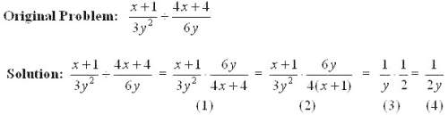 The simplification of a rational multiplication or division problem is given. each step is numbered