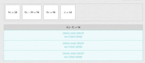 Drag steps of the solution into order to solve for x in the equation 6(x–5)=54.