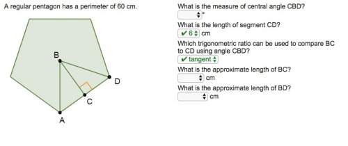 Aregular pentagon has a perimeter of 60 cm. what is the measure of central angle cbd? ° what is the