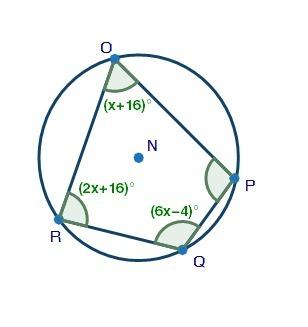 Quadrilateral opqr is inscribed in circle n. which of the following could be used to calculate the m