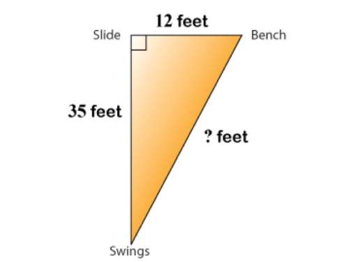 35 feet. the distance from the slide to the bench is 12 feet. use the pythagorean theorem to find th