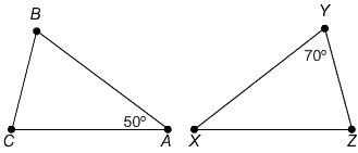 If δabc ∠δxyz, m∠a = 50°, and m∠y = 70°, find m∠c. a) 70° b) 110° c) 50° d) 60°
