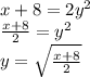 x+8=2y^2 \\ \frac{x+8}{2}=y^2 \\ y=\sqrt{\frac{x+8}{2}}