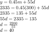 y=0.45m+55d\\2335=0.45(300)+55d\\2335=135+55d\\55d=2335-135\\d=\frac{2200}{55}\\ d=40