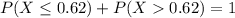 P(X \leq 0.62) + P(X  0.62) = 1