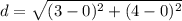 d=\sqrt{ ( 3- 0  )^{2} +(4- 0 )^{2} }