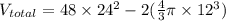 V_{total}=48 \times 24^{2} - 2(\frac{4}{3} \pi \times 12^{3})