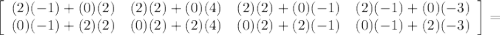 \left[\begin{array}{cccc}(2)(-1)+(0)(2)&(2)(2)+(0)(4)&(2)(2)+(0)(-1)&(2)(-1)+(0)(-3)\\(0)(-1)+(2)(2)&(0)(2)+(2)(4)&(0)(2)+(2)(-1)&(0)(-1)+(2)(-3)\end{array}\right]=